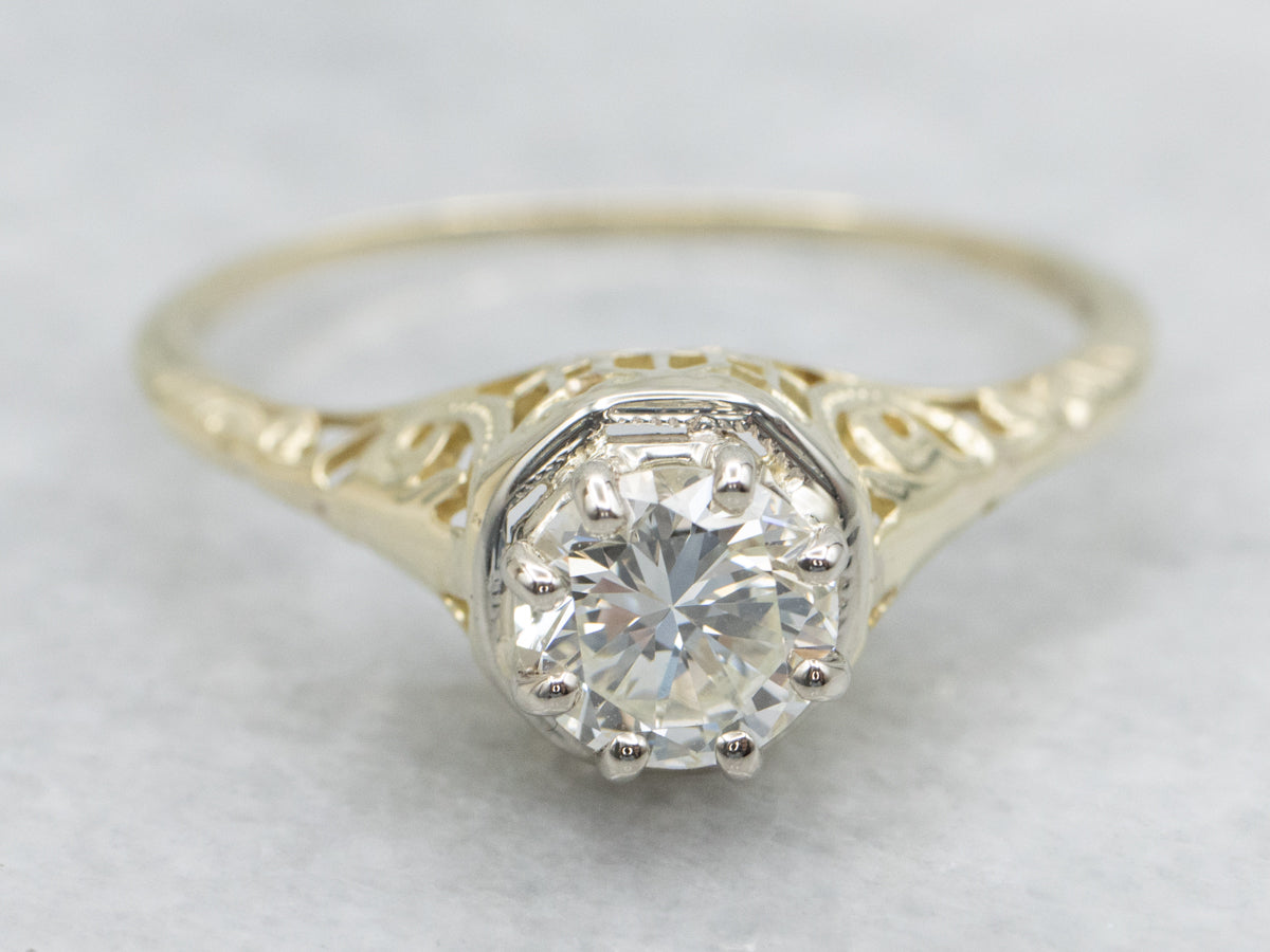 Two Tone Deco Diamond Solitaire Engagement Ring