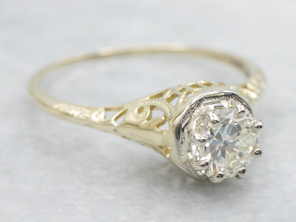 Two Tone Deco Diamond Solitaire Engagement Ring