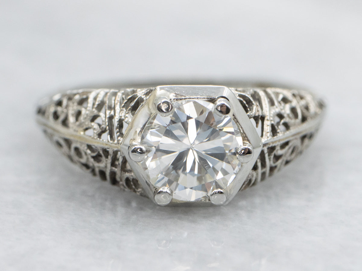 Art Deco White Gold Diamond Filigree Engagement Ring