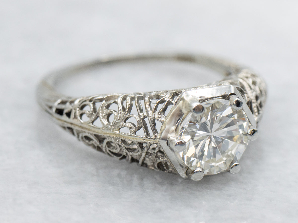 Art Deco White Gold Diamond Filigree Engagement Ring