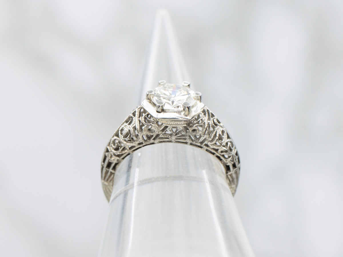 Art Deco White Gold Diamond Filigree Engagement Ring