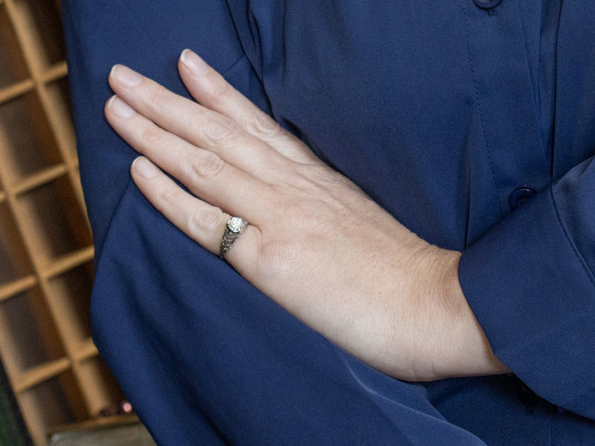 Art Deco White Gold Diamond Filigree Engagement Ring