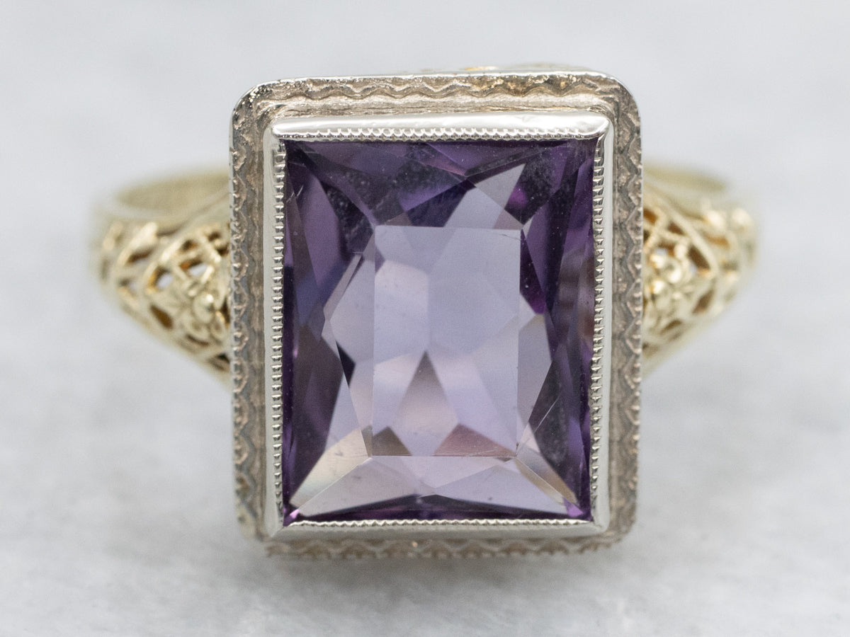 Art Nouveau Amethyst Two Tone Gold Filigree Ring