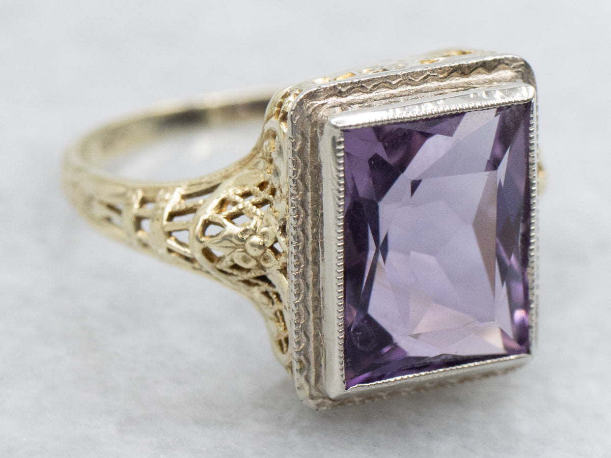 Art Nouveau Amethyst Two Tone Gold Filigree Ring