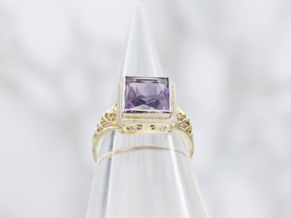 Art Nouveau Amethyst Two Tone Gold Filigree Ring