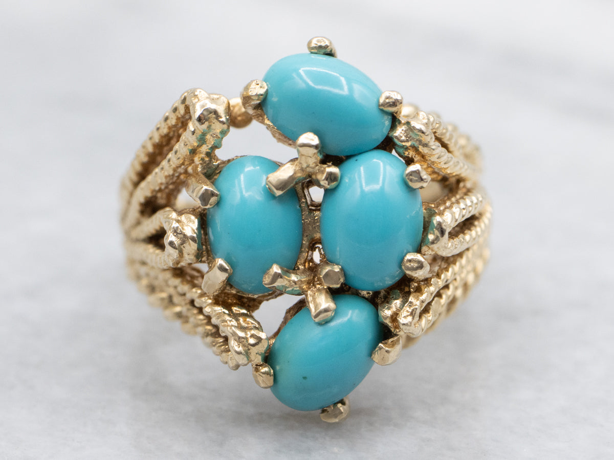 Turquoise Twisted Rope Setting Gold Custer Ring