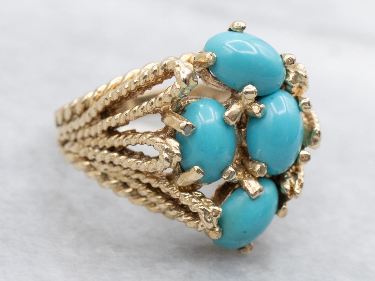 Turquoise Twisted Rope Setting Gold Custer Ring