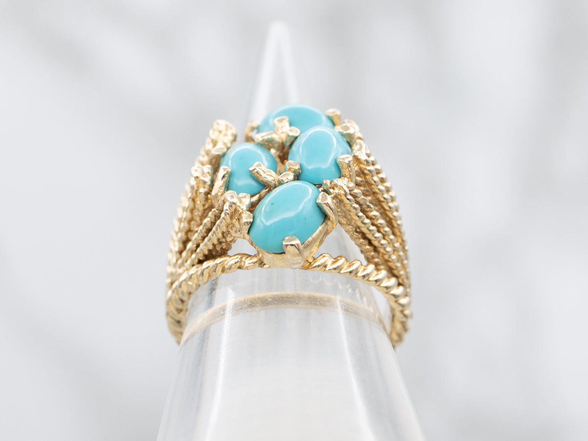 Turquoise Twisted Rope Setting Gold Custer Ring