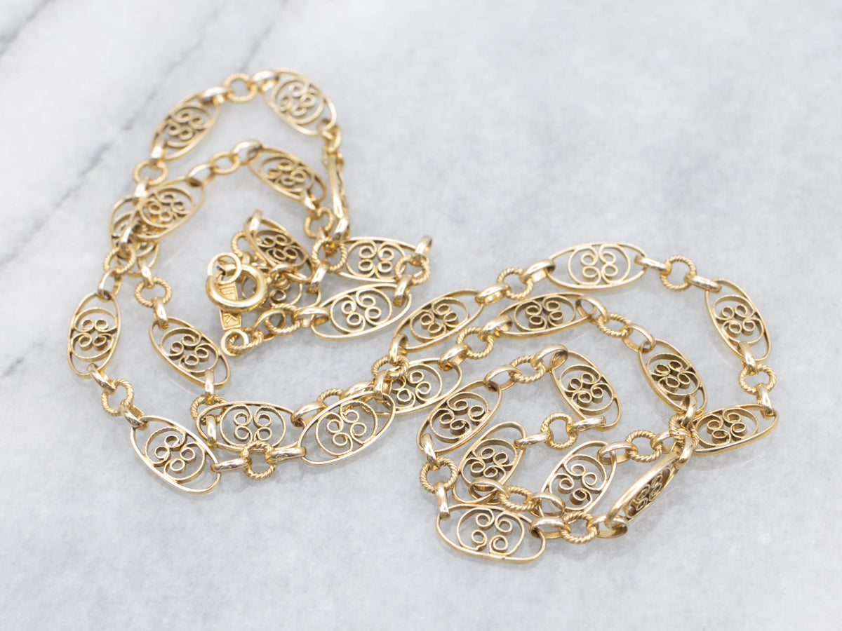 Vintage Gold Oval Floral Filigree Link Chain