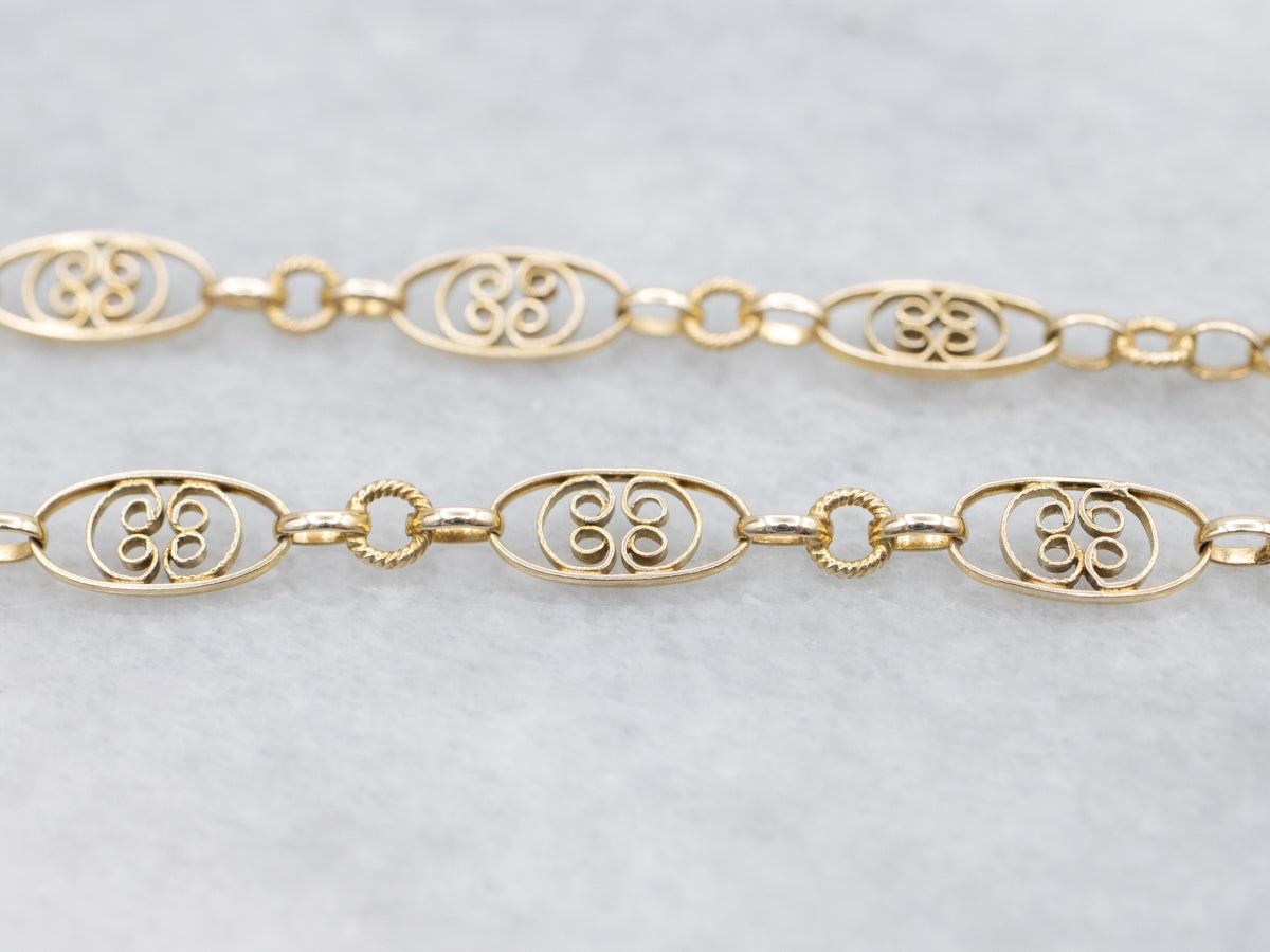 Vintage Gold Oval Floral Filigree Link Chain