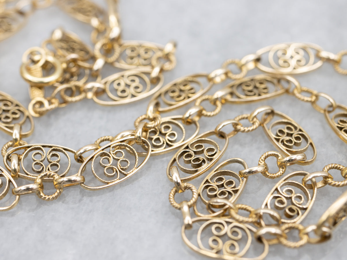 Vintage Gold Oval Floral Filigree Link Chain