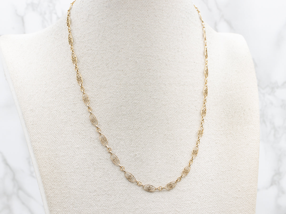 Vintage Gold Oval Floral Filigree Link Chain