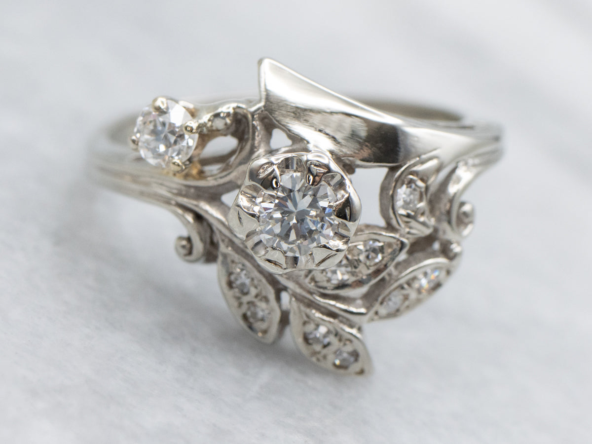 Diamond Floral White Gold Bypass Ring