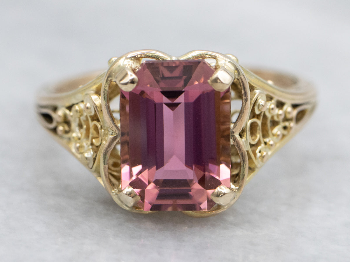 Ornate Emerald Cut Pink Tourmaline Gold Solitaire Ring