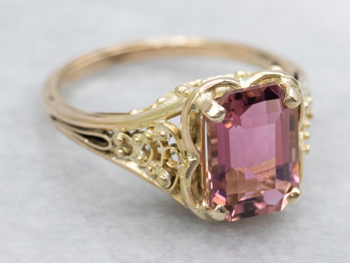 Ornate Emerald Cut Pink Tourmaline Gold Solitaire Ring