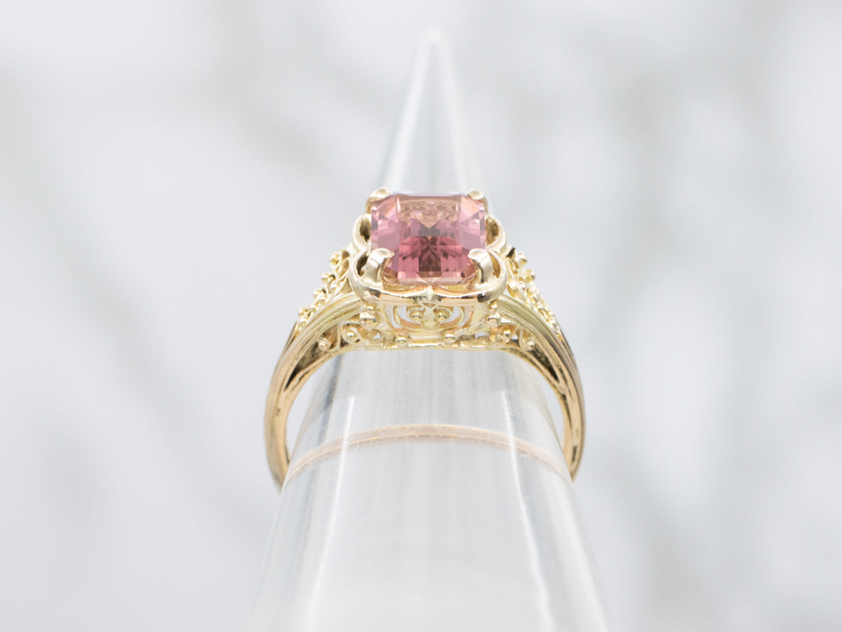 Ornate Emerald Cut Pink Tourmaline Gold Solitaire Ring