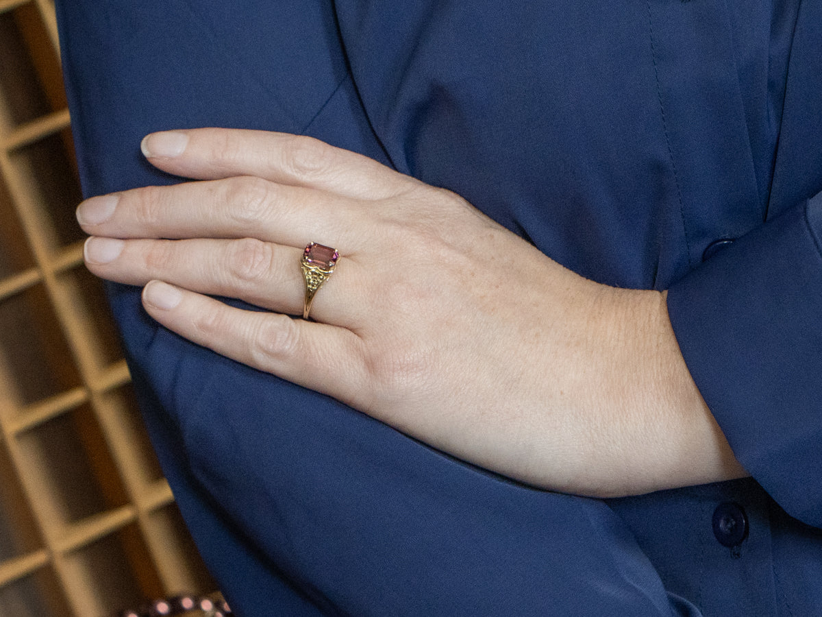 Ornate Emerald Cut Pink Tourmaline Gold Solitaire Ring