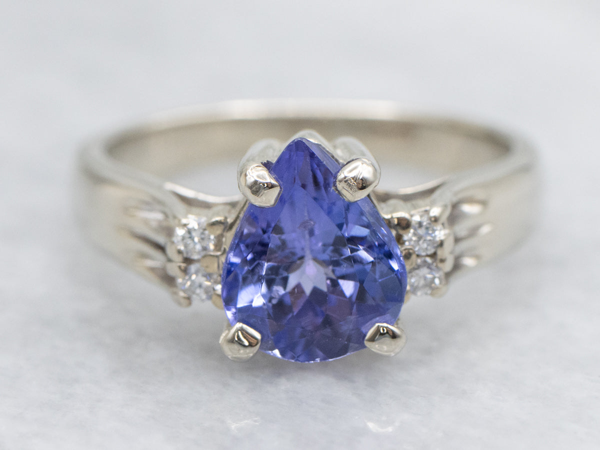 Pear Cut Tanzanite and Diamond White Gold Ring