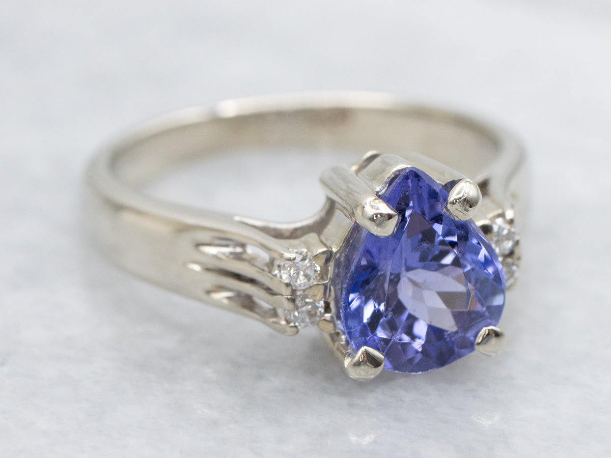 Pear Cut Tanzanite and Diamond White Gold Ring