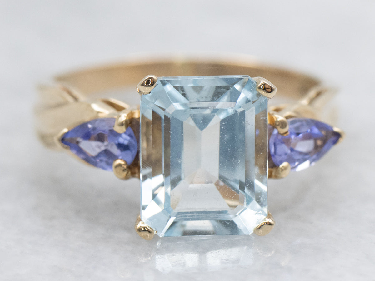 Emerald Cut Aquamarine and Tanzanite Gold Ring