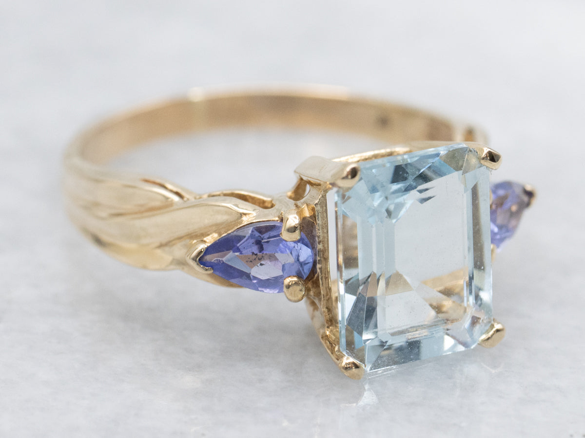 Emerald Cut Aquamarine and Tanzanite Gold Ring