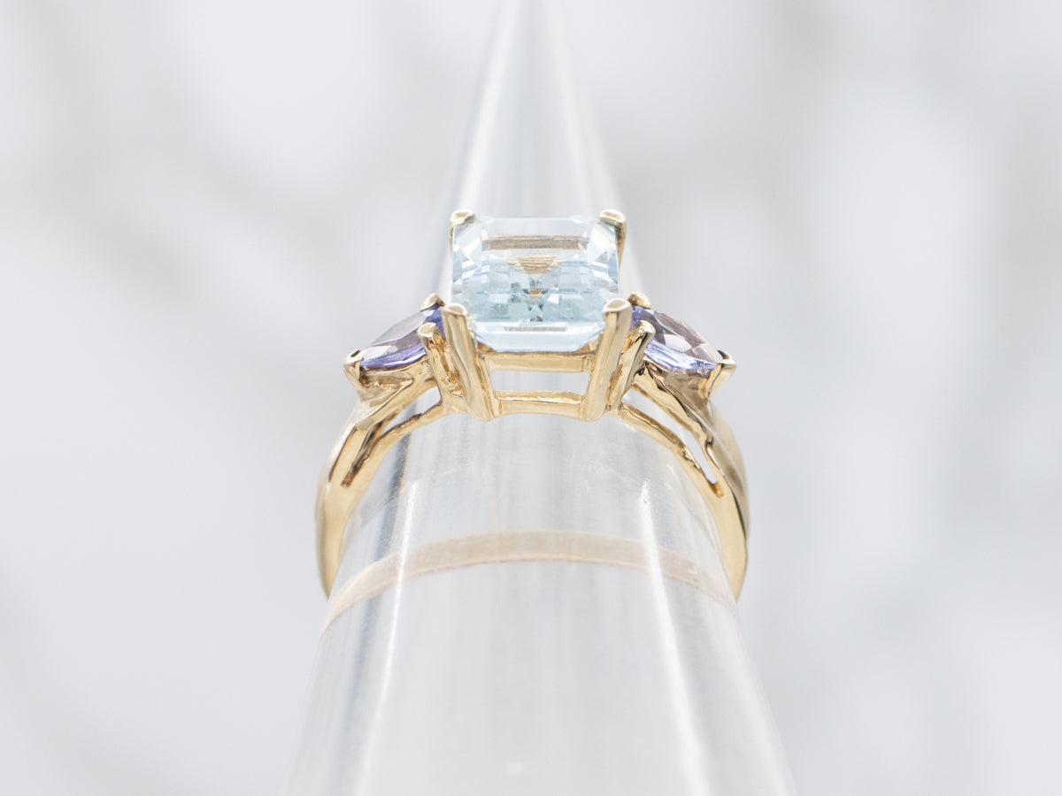 Emerald Cut Aquamarine and Tanzanite Gold Ring