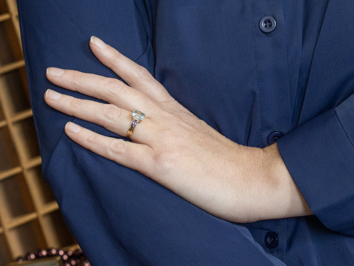 Emerald Cut Aquamarine and Tanzanite Gold Ring