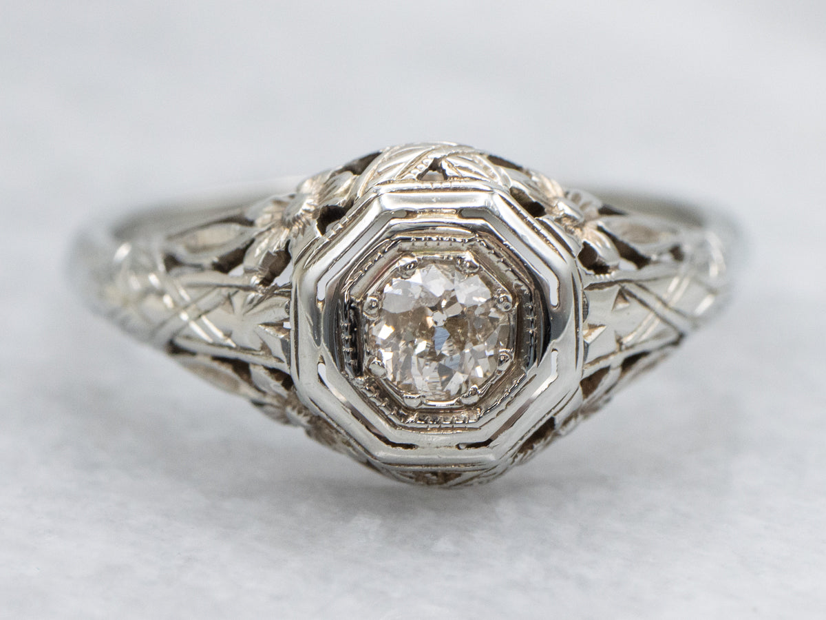 Old Mine Cut Diamond Openwork Floral Engagement Ring