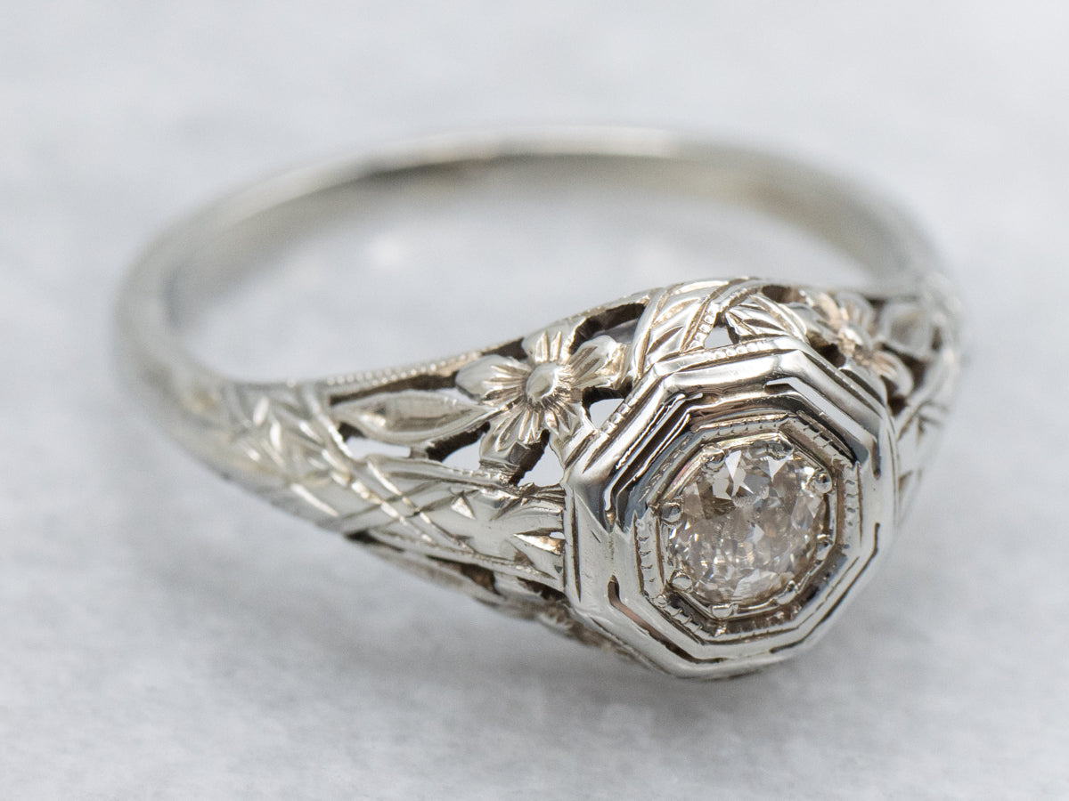 Old Mine Cut Diamond Openwork Floral Engagement Ring