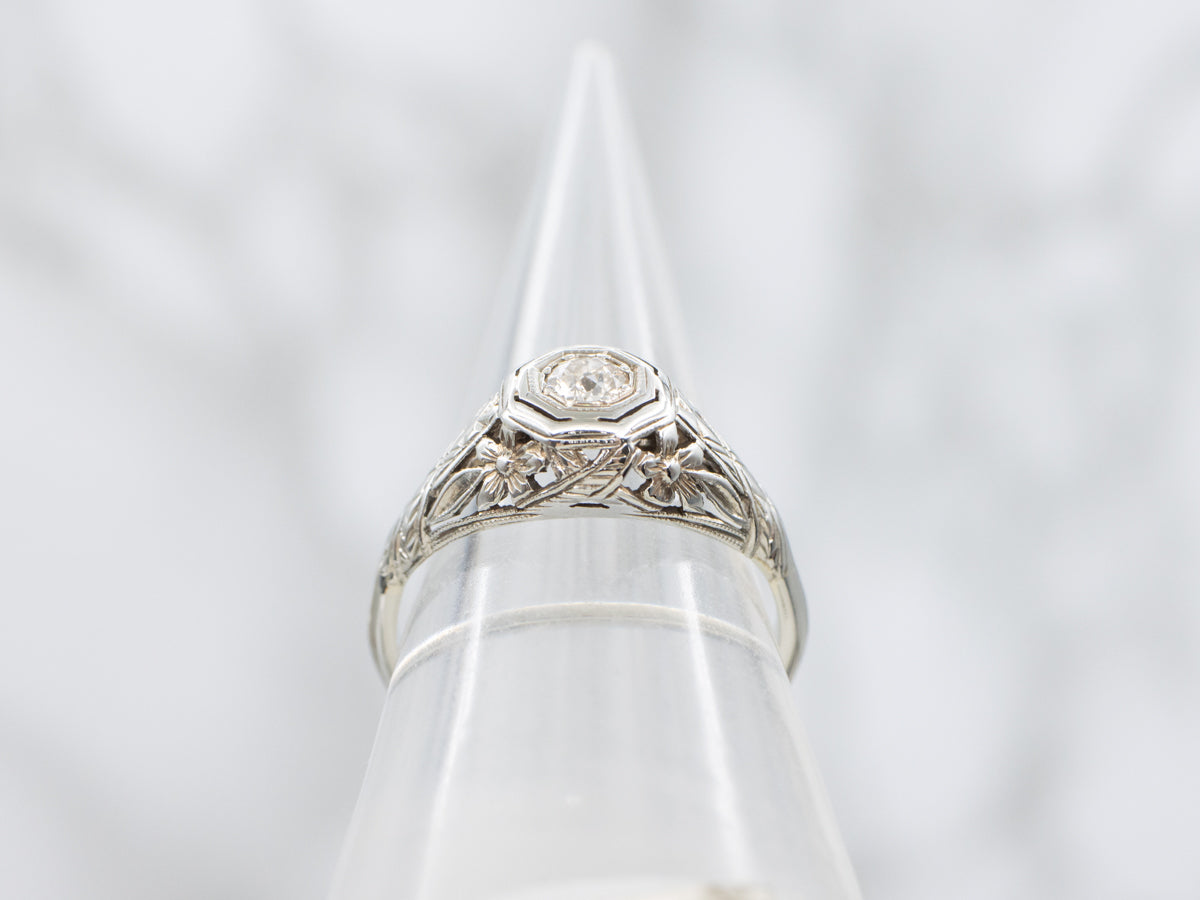 Old Mine Cut Diamond Openwork Floral Engagement Ring