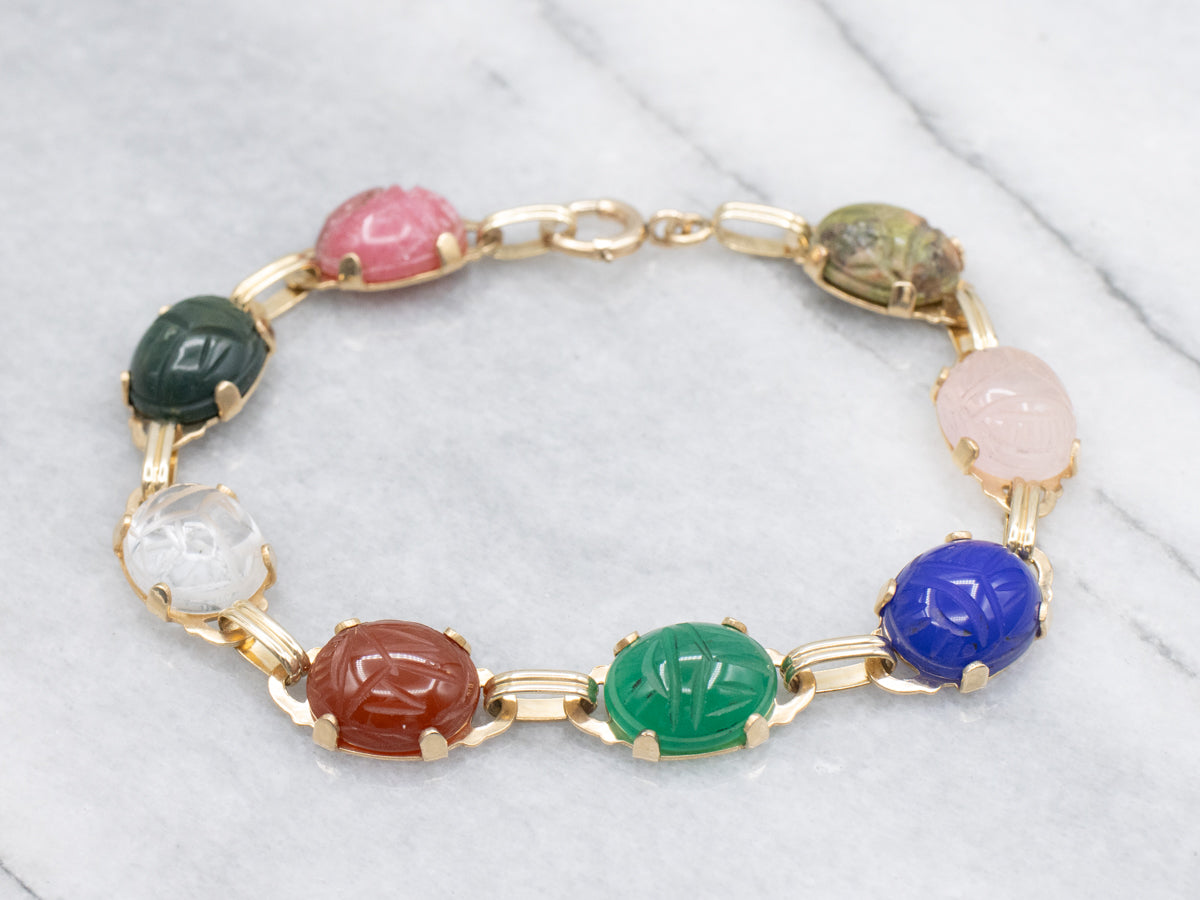 Multi-Stone Carved Scarab Beetle Gold Bracelet