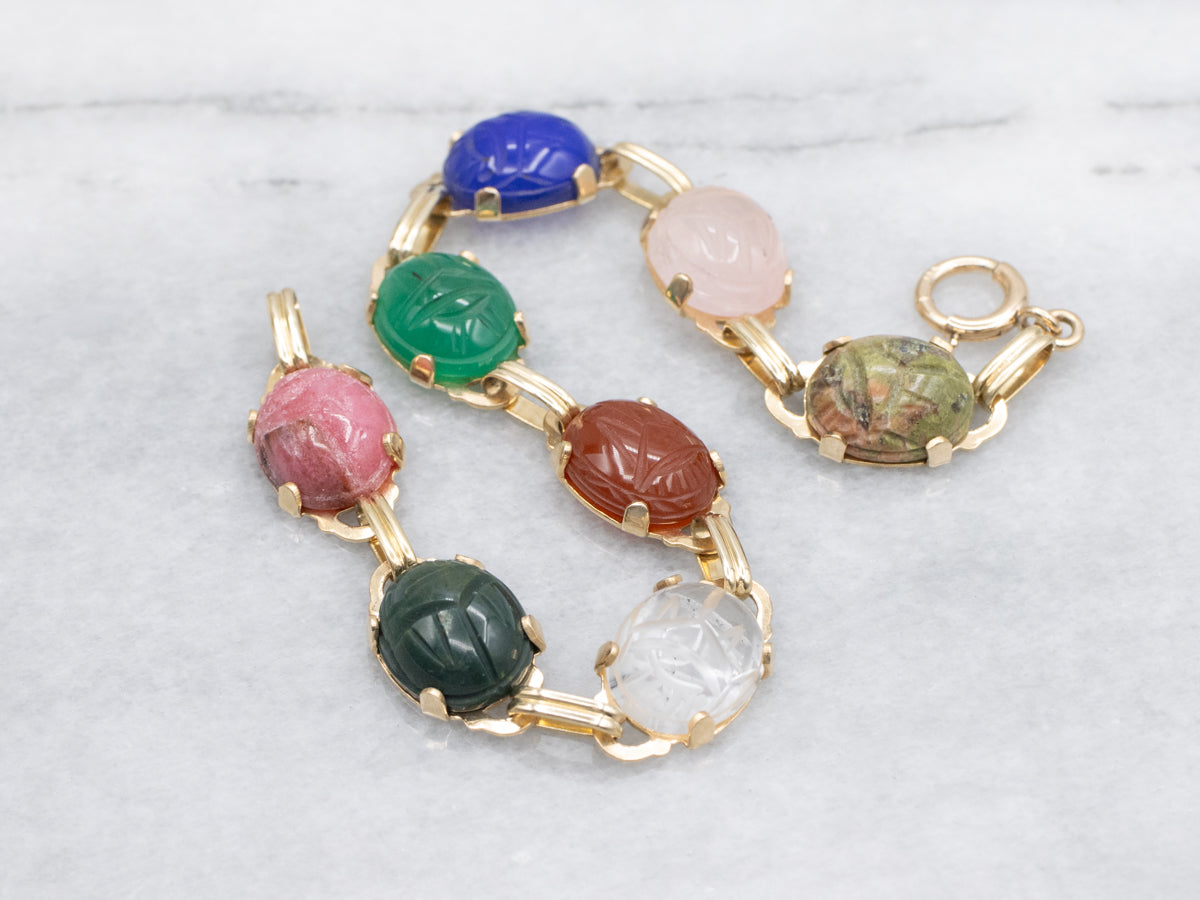 Multi-Stone Carved Scarab Beetle Gold Bracelet