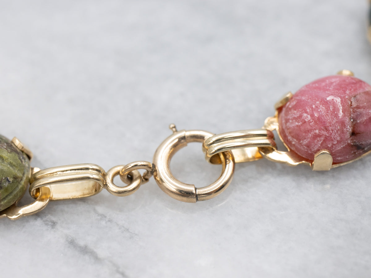 Multi-Stone Carved Scarab Beetle Gold Bracelet