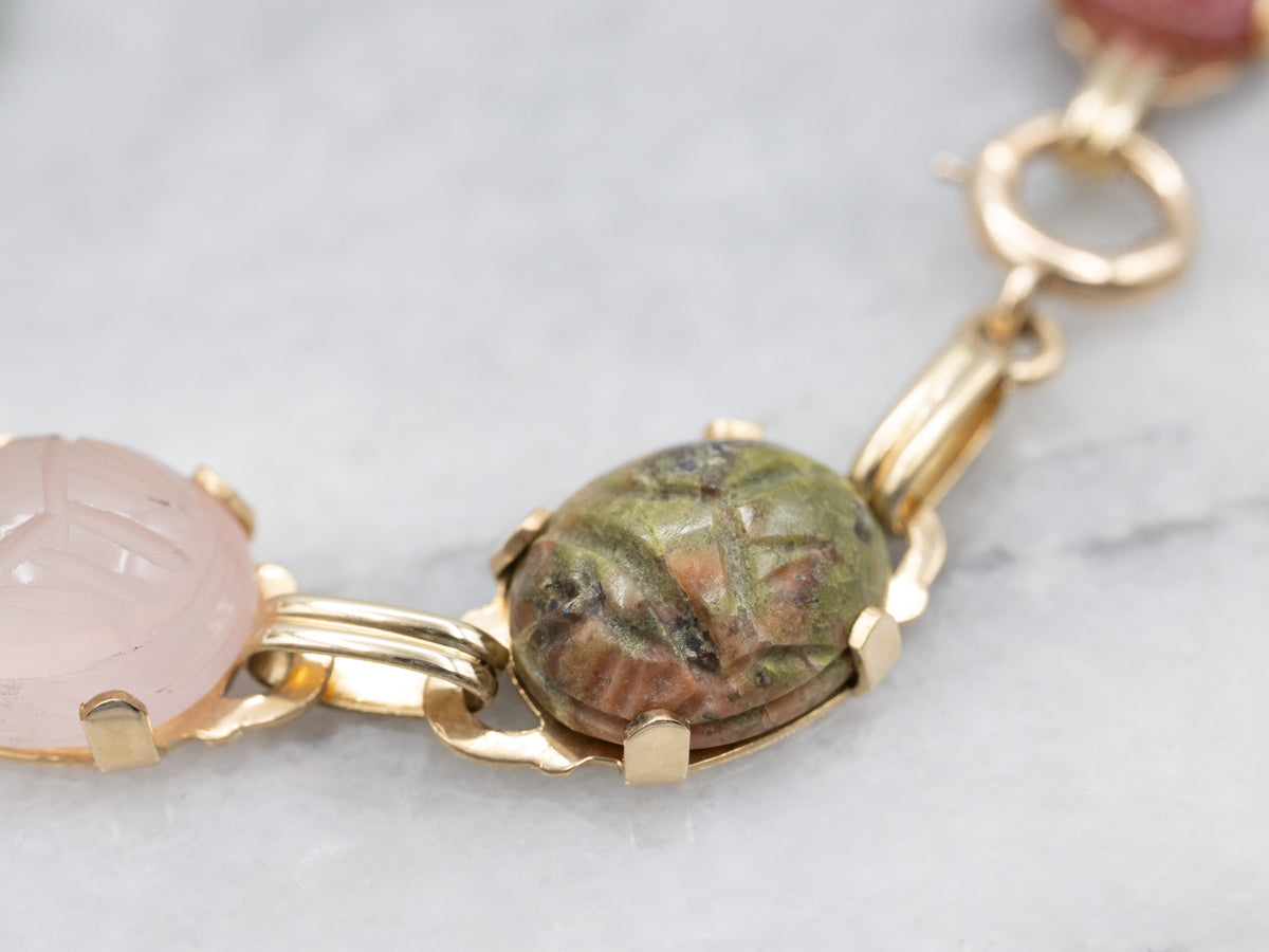 Multi-Stone Carved Scarab Beetle Gold Bracelet