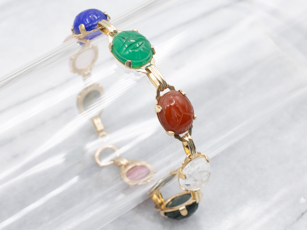 Multi-Stone Carved Scarab Beetle Gold Bracelet