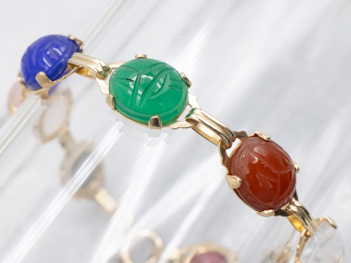Multi-Stone Carved Scarab Beetle Gold Bracelet