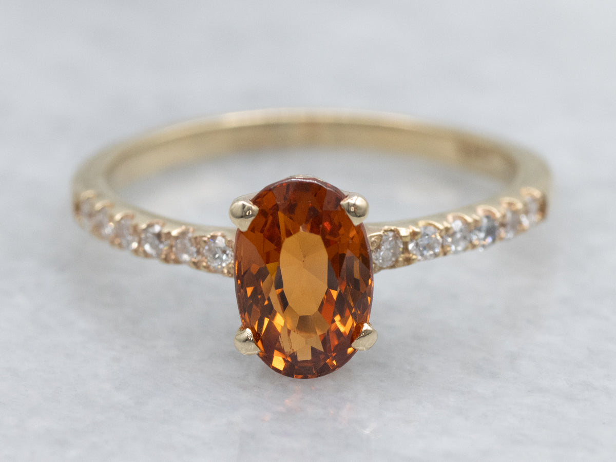 Oval Cut Hessonite Garnet and Diamond Ring