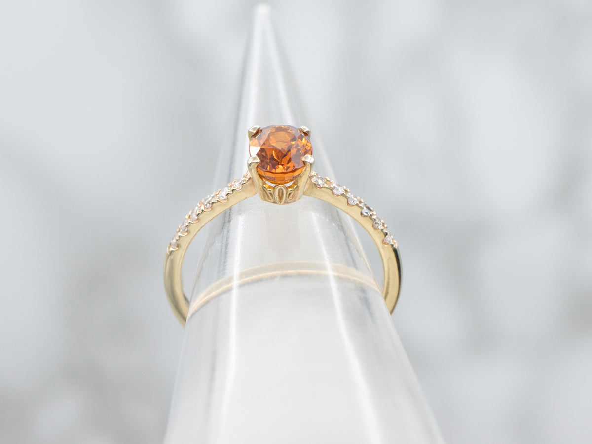Oval Cut Hessonite Garnet and Diamond Ring
