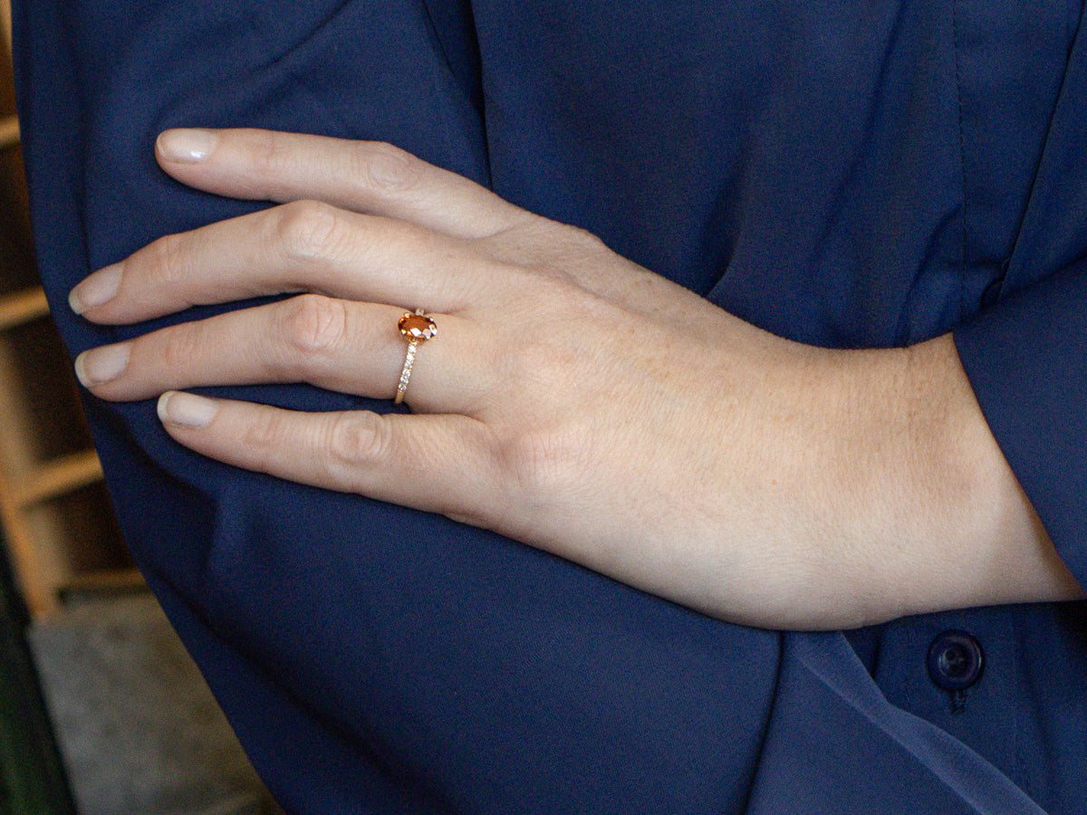 Oval Cut Hessonite Garnet and Diamond Ring