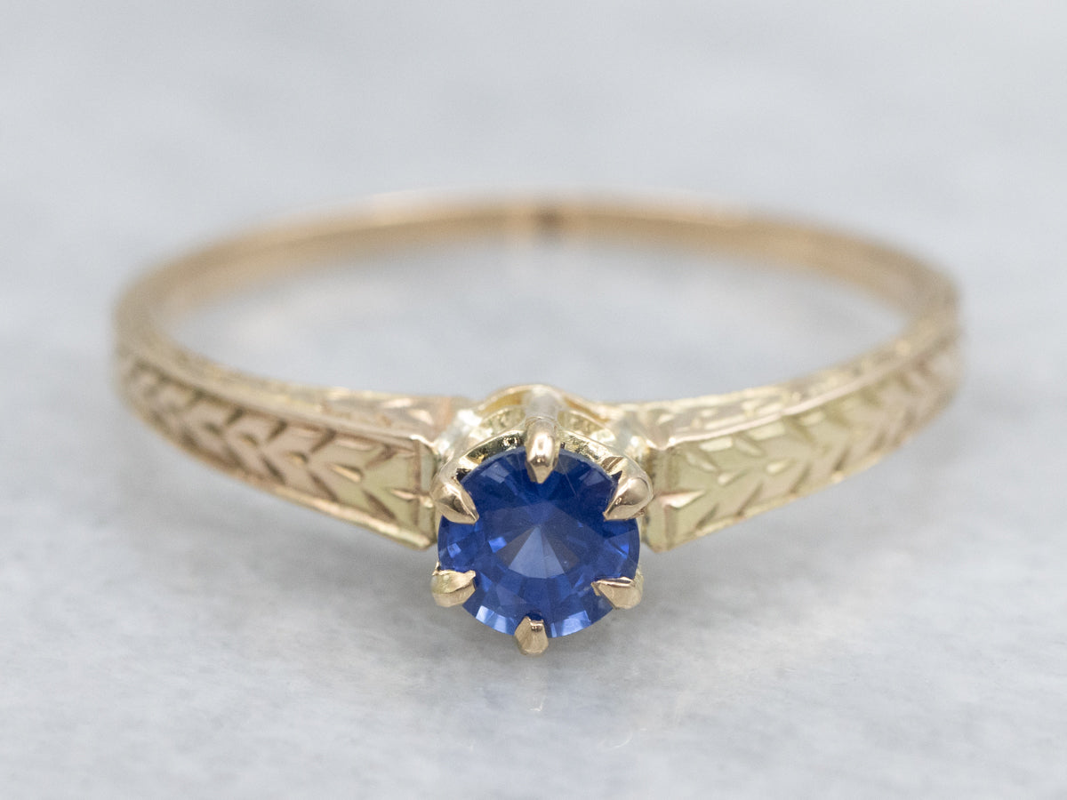 Antique Sapphire Wheat Engraved Engagement Ring