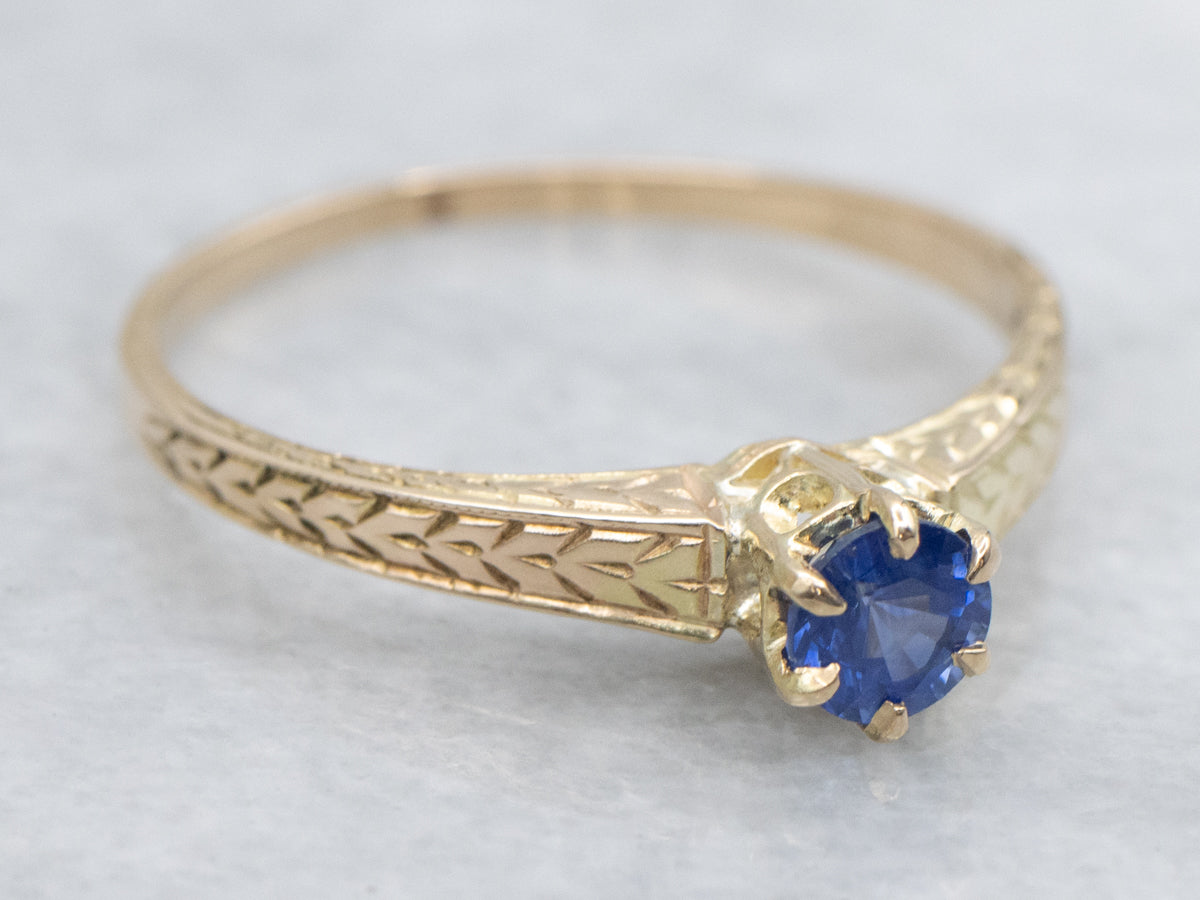 Antique Sapphire Wheat Engraved Engagement Ring