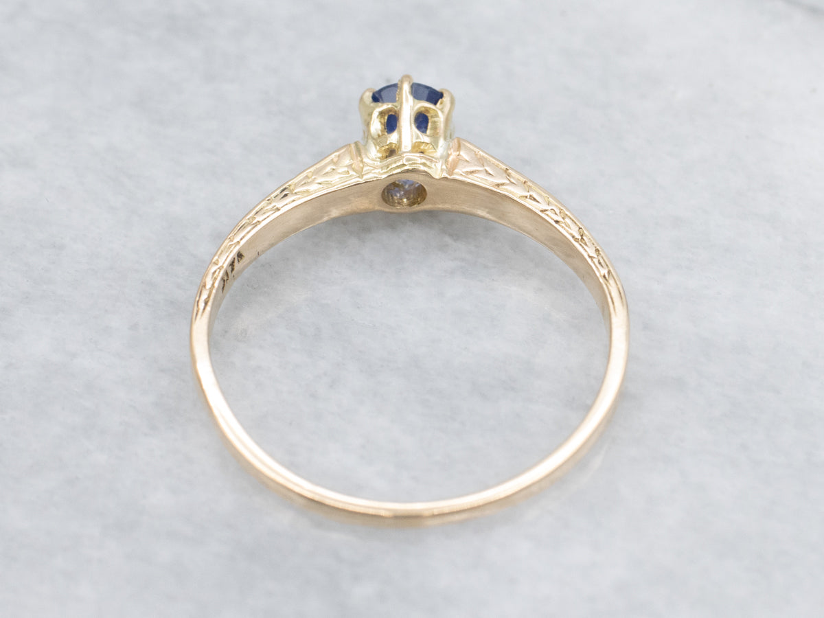 Antique Sapphire Wheat Engraved Engagement Ring