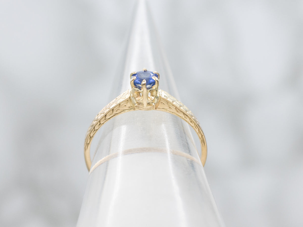 Antique Sapphire Wheat Engraved Engagement Ring