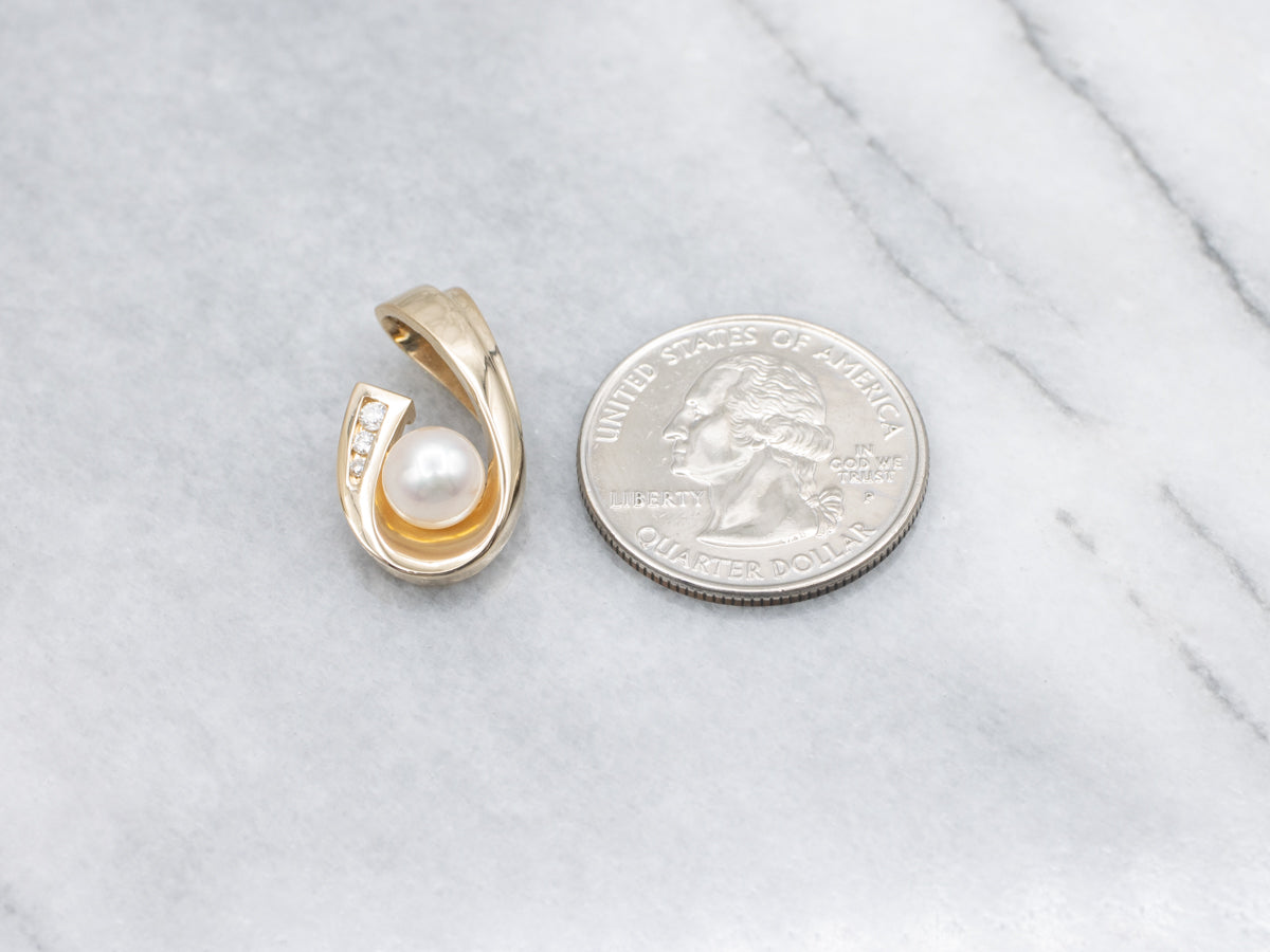 Saltwater Pearl and Diamond Modern Gold Pendant