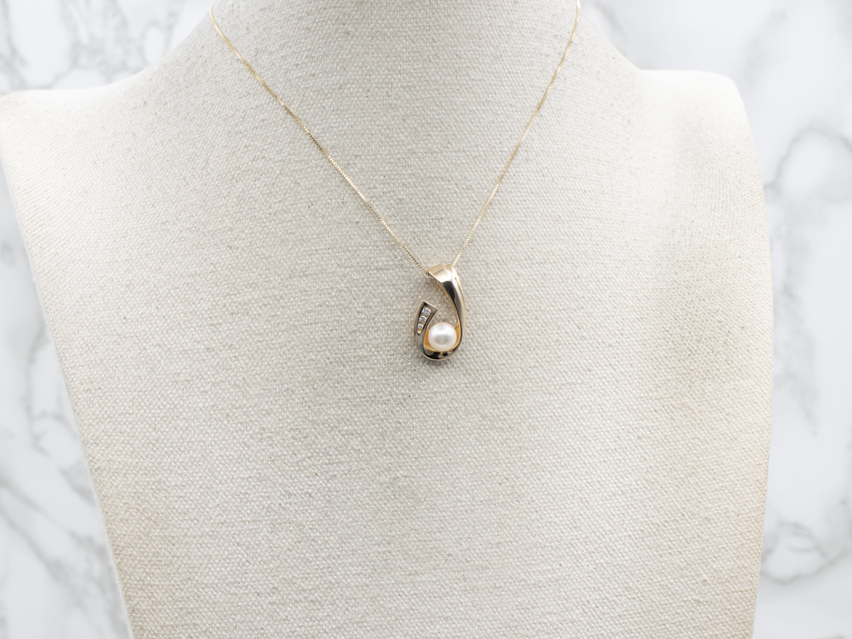 Saltwater Pearl and Diamond Modern Gold Pendant