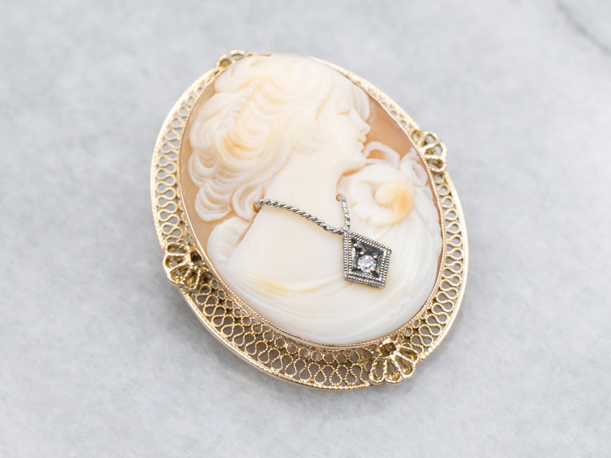 Vintage 14K Gold Filigree Shell Cameo Brooch with Diamond Accent