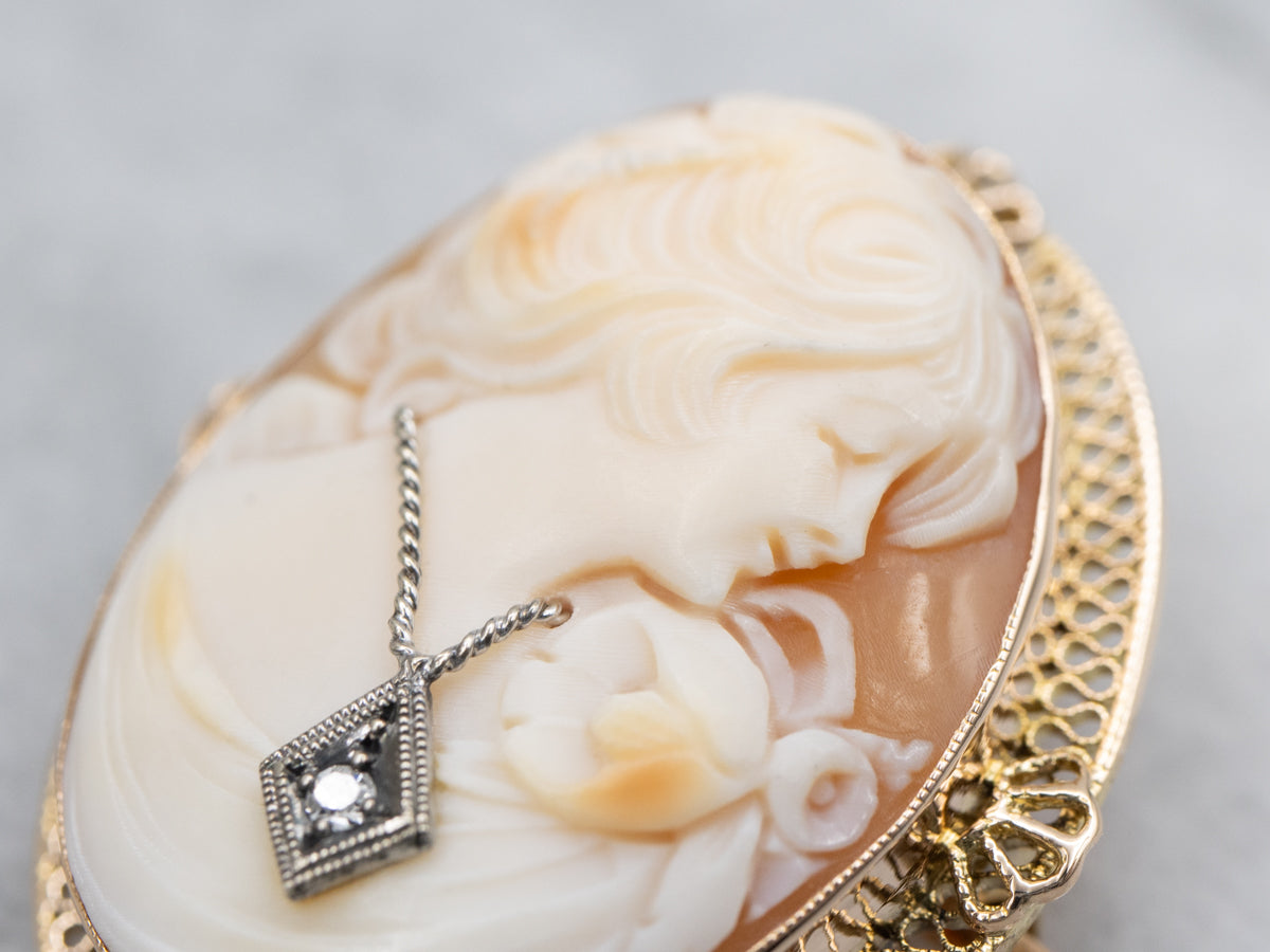 Vintage 14K Gold Filigree Shell Cameo Brooch with Diamond Accent