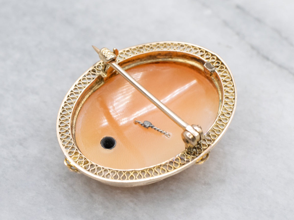Vintage 14K Gold Filigree Shell Cameo Brooch with Diamond Accent