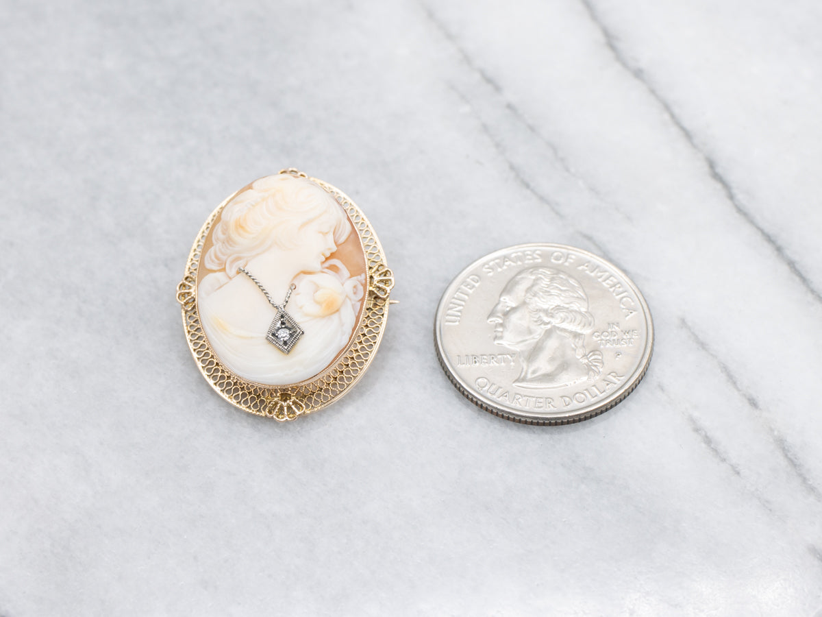Vintage 14K Gold Filigree Shell Cameo Brooch with Diamond Accent