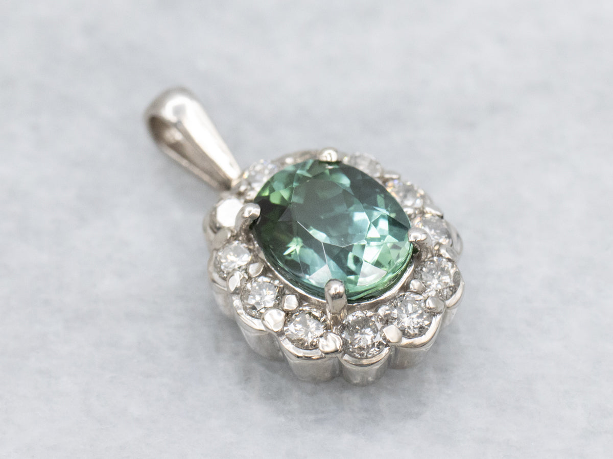 Scalloped Gold Green Tourmaline and Diamond Halo Pendant